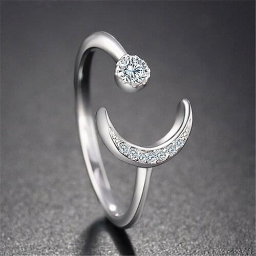 Rhinestone Open Size Silver color Narrow Stone Rings Simple Adjustable Sun Moon Star Finger Ring for Women Jewelry Gift