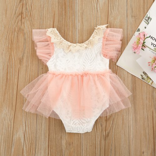 Princess Party Kids Baby Romper Girls Lace Chiffon Stitching Round Neck Fly Sleeve Toddler Infant Clothes Playsuits for Summer
