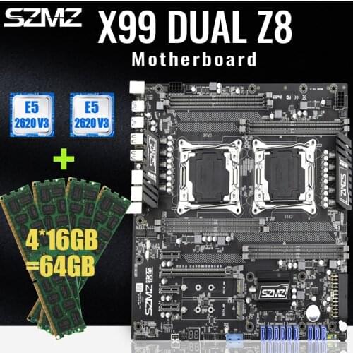 SZMZ X99 Dual CPU Socket LGA2011-3 Motherboard Set Support Mining With 2*E5 2620V3 And 4*16GB DDR4 2400MHZ ECC REG RAM