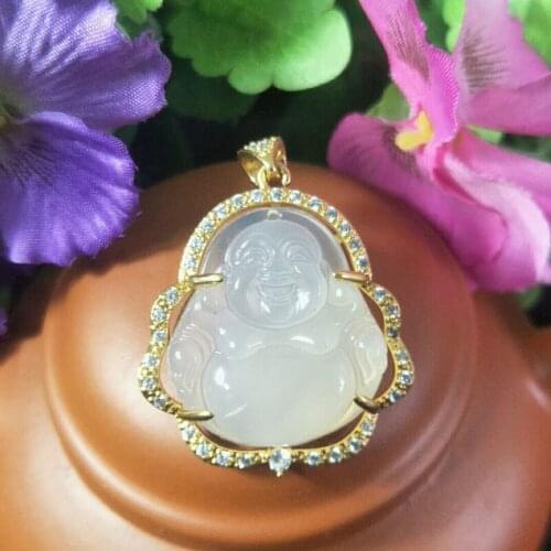 Natural Agate Chalcedony inlaid S925 silver Buddhism necklace jewelry Fine jewelry pink green agate pendant Christmas Gift