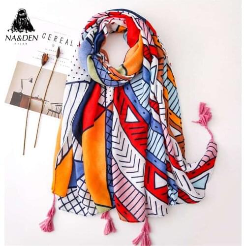 New Women viscose cotton Geometric print scarfs with tassels muslim women hijabs summer wraps scarves bandana 10pcs/lot Hot Sale