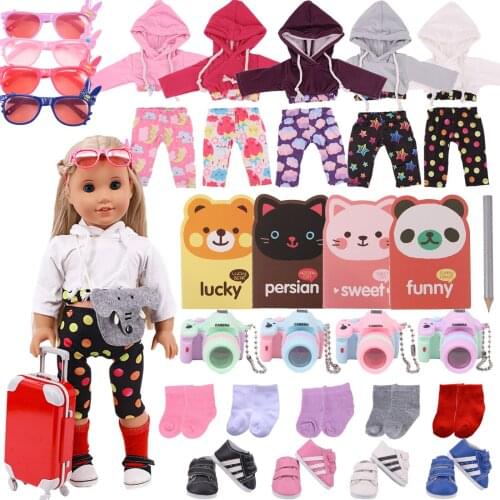 Doll Clothes 18Inch Girls Hoodie Travel Set Cute Kitty Accessories For 43Cm New Born Baby Outgoing Suitcase 8 Items/Set Play Toy