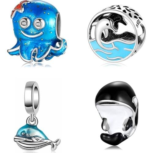 Ocean Beads Human Friend Dolphins Blue Enamel Authentic 925 Sterling Silver Beads Fit Original European Charms Bracelets Making