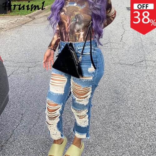 2020 Fall Fashion Denim Pants for Women Mid Waist Hole Female Jeans Ankle-length Pants Plus Size High Street Pantalones De Mujer