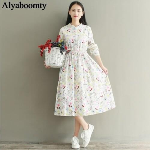Japanese Mori Girl Autumn Women Midi Dress Ruffled Collar White Floral Printed Vestidos Longo Elegant Cute Kawaii Corduory Dress