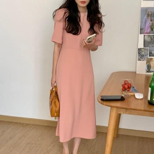 2021 New Women Summer Elegant Long Dress Sashes Round Collar Puff Sleeve Slim Waist Pullover Maxi Sundress Solid Color