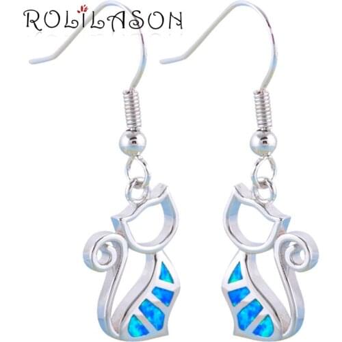 ROLILASON Cute Cat Design Birthday Gifts for Ladies Blue Fire Opal 925 Silver Fashion Jewelry Drop Earrings OES627