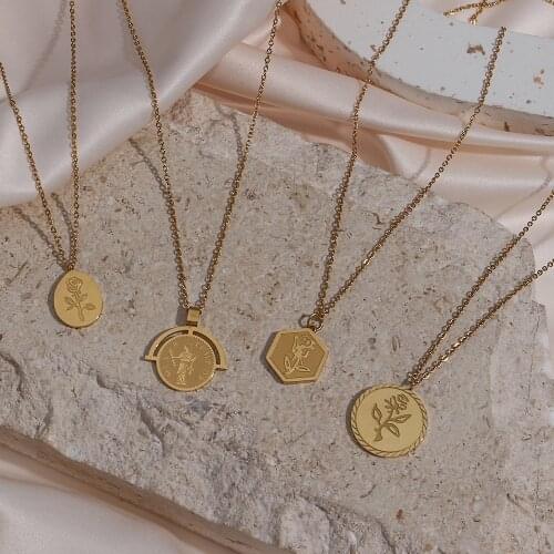 Romantic Geometirc Pentagon Circle Waterdrop Engraving Rose Flower Pendant Necklaces For Wonen Stainless Steel Gold Necklace