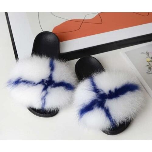 Perfect Real Fox Fur Slides Womens Winter Home Slippers Couples Flat Soft Furry Flip Flops