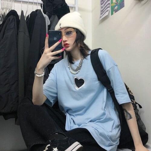 Summer Love Embroidered Short Sleeve Top Woman Street Hip Hop Korean Style Japanese Graphic Couple Grunge Clothes Base T-Shirt