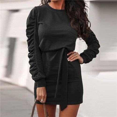 Women High Waist Mini Dresses Ruffled Sleeve O Neck Fashion Casual Sweatshirt Dress Street Style Belt Pullovers Elegant Clothes