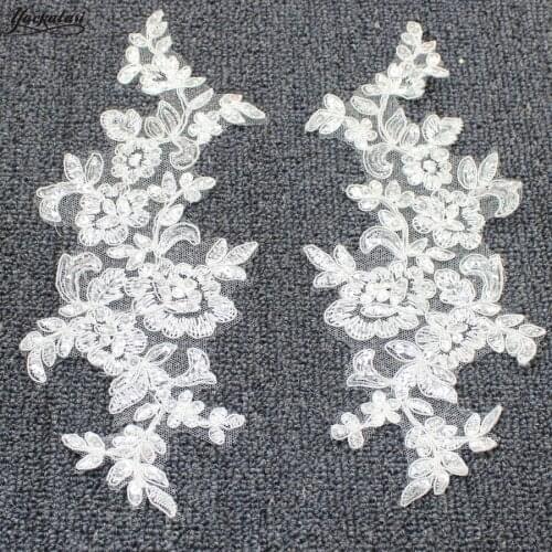 YACKALASI Wedding Appliqued Sequined Flower Lace Patches Floral Headwear 3D Embroidered Mirror Pairs Sewing Trims 27*12cm