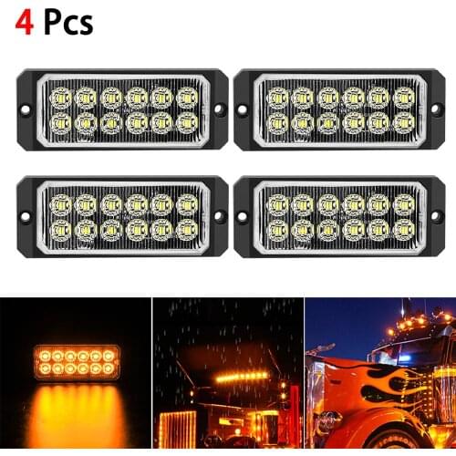 4Pcs 12V/24V Yellow Car Strobe Warning Light ATVs Truck Firemen Police 12-LEDs Flashing Emergency Signal Lights Safety Fog Lamps