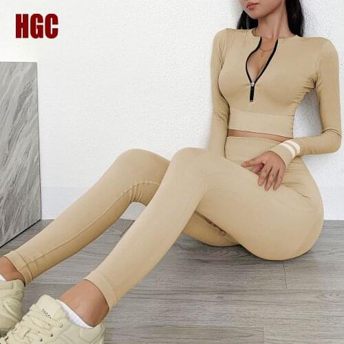 HGC Seamless Suit Long Sleeve Women Yoga Set Sports Shirt And Pants Running Workout Breathable Gym Clothes Fitness Sportwear
