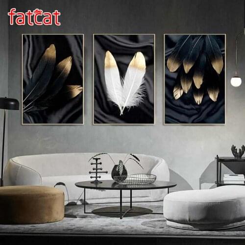 FATCAT Black and white feather diy 5d diamond painting full square round drill mosaic embroidery triptych kits decoration AE2964