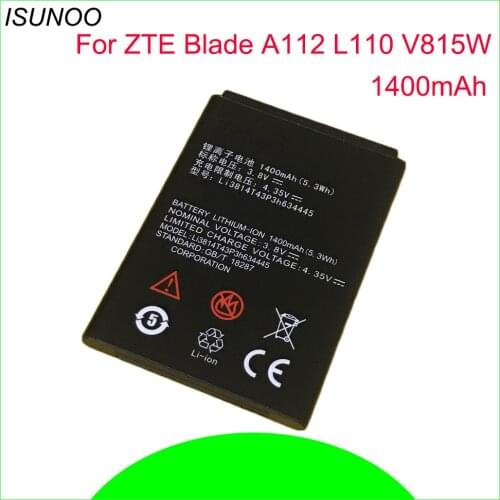 ISUNOO 10pcs/lot 1400mAh Phone battery for ZTE Blade A112 L110 Mobile Phone Battery Black Li3814T43P3h634445