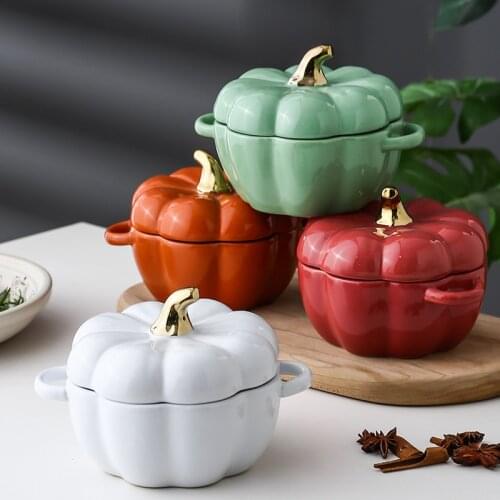 Pumpkin Shaped Ceramic Baking Bowl Microwave Oven Binaural Pumpkin Bowl with Lid Cute Melon Fruit Dessert Salad Bowl Soup Bowl