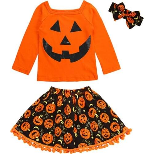 Halloween baby girls clothing sets 2019 children three pieces suits kids long sleeve t shirt and dresses and headwear for 2-6yrs