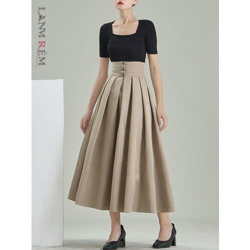 LANMREM Women Apricot Skirt 2021 Autumn New High Waist Pleated A-shaped Fluffy Medium Long Skirts Female Fashion 2W434