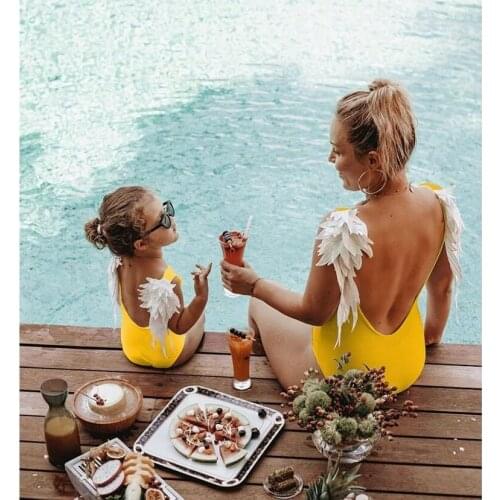 Summer New Ladies One-piece Swimsuit Euro-American Solid Color Angel Wings Parent-child Bikini Open Back Swimwear