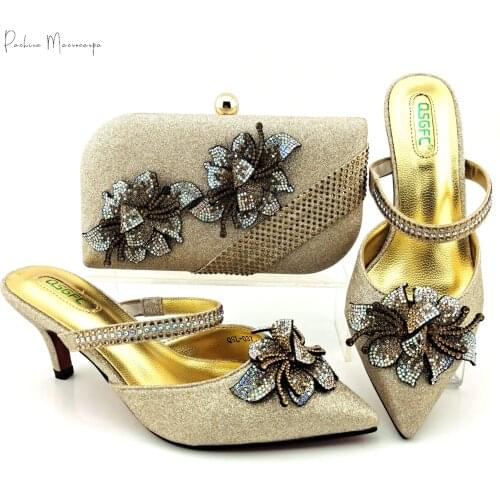 2021 African Hot Selling Italian Design Special Flower Decoration Style Party Wedding Ladies Shoes and Bag Set in Gold Color