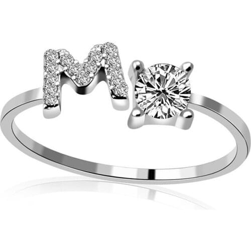 Trendy Initial Letter Rings Alphabet Adjustable Open Ring A-Z White Crystal Finger Ring Wedding Gift for Her Bridal Jewelry