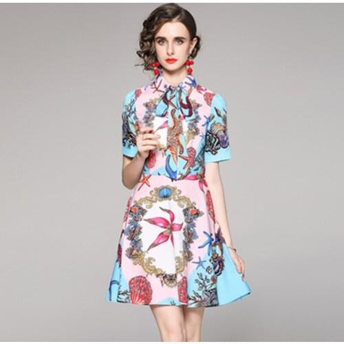 Fashion Designer Positioning Print Dress Women Lapel Short Sleeve Belt Slim High Waist Shirt Style Dress Vintage Banquet Vestido