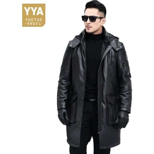 Brand Real Leather Down Jackets Men High Quality Winter Casual Hooded Coat Business Thick Warm Long Jacket Male Plus Size 4XL