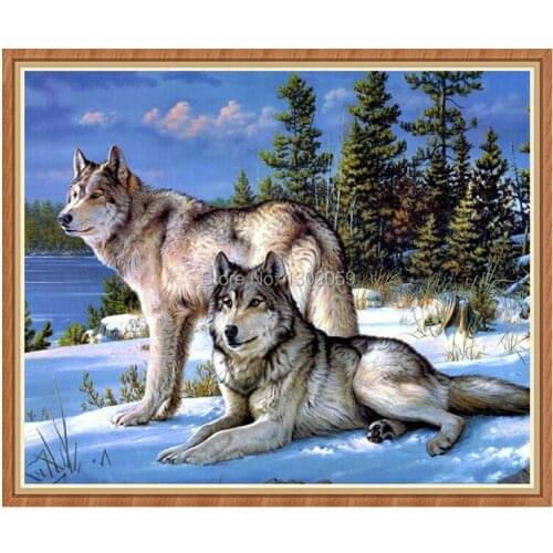 Printed Fabric Diy Diamond Resin Square Full Drill Two Wolf Animal In Snow Needlework Embroidery Cross Stitch Kit