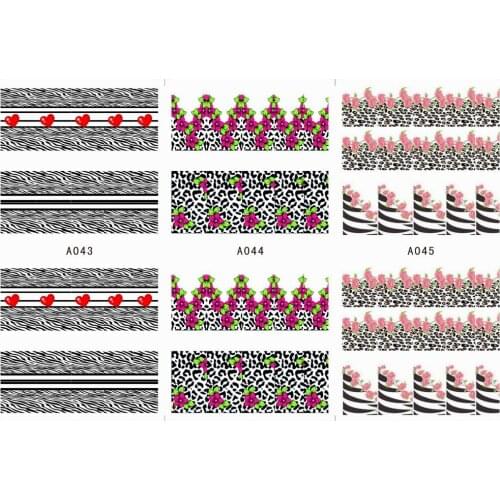 3 SHEETS / LOT Nail Art Water Transfers Stickers Nail Decals Stickers FLOWER BLACK WHITE ZEBRA SKIN SWEET HEART A043-045