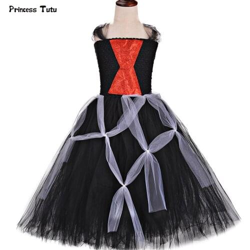 Black Widow Spider Girls Tutu Dress Ankle-Length Spiderweb Tulle Party Dresses Girls Children Halloween Costume for Kids Gowns