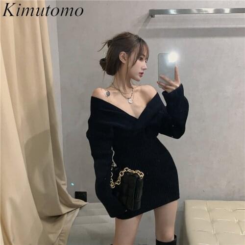 Kimutomo Knitted Woman Mini Dress Spring Autumn Black V-neck Sexy Solid Long Sleeve Party Dress Korean Fashion Elegant New