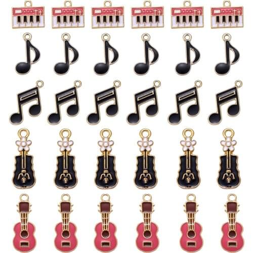 30Pcs 5 Style Music Theme Charms Gold Plated Enamel Guitar Violin Note Pendants for Keychains Earrings DIY Jewelry Accessories