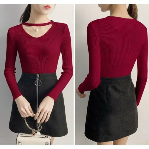 2020 Hot Fashion Popular Korean Womens Long-Sleeved Sexy Slim Slimming Solid Color Pullover Casual All-Match Fresh Sweet