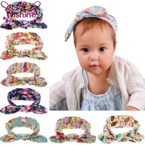 Nishine Baby Infant Girls Flower Print Headbands Children Cute Rabbit Ear Headwraps Cotton Bow Kont Hair Accessories