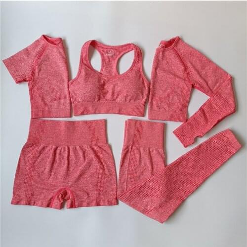 Sexy 5 Piece Set Womens Cothing 2021 Yoga Sportswear Workout Crop Top Running Shorts Seamless Leggings Gym Bra Sports Suit