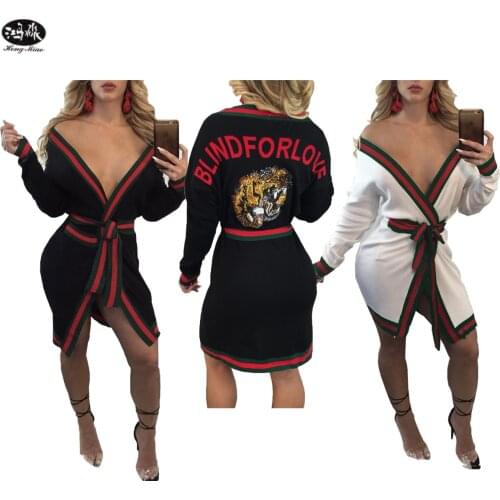 New Autumn Women Trench Coat 2018 Female Sexy Deep V-neck Long-sleeves Letters Casual Cardigans Coats Slim Clothing