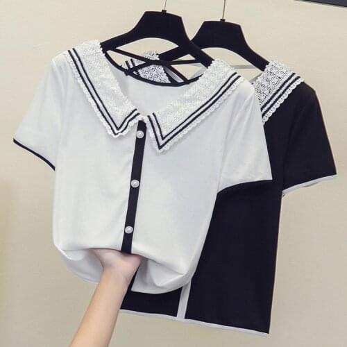 Crop Top Female Polo Shirts Summer Short Sleeve T-shirt Womens Vintage Clothes Ribbed Stripe Slim Knit Top Cropped sweater