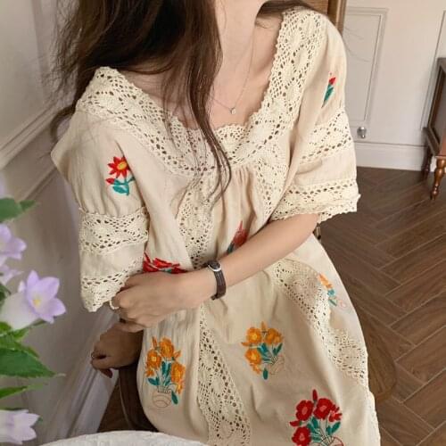 Women Summer Vintage Beige Long Straight Dress Flower Embroidery 2021 Square Collar Lace Patchwork Maxi Pullover Sundress