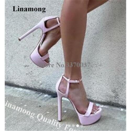 Linamong Newest Thin Straps High Platform Stiletto Heel Gladiator Sandals Blue Pink Ankle Straps High Heel Sandals Club Heels