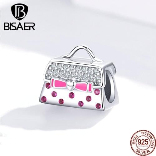 Bag BISAER 925 Sterling Silver Pink Enamel Women Bag Charms Metal Beads fit Charm Bracelets Bangle Silver Jewelry ECC1391