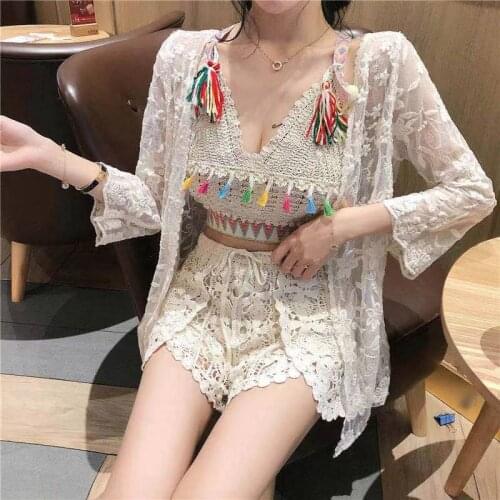 Swinning Rivet 3pcs Sets Suits Short Pandt Coat beaded lace long-sleeved vesthigh-waisted lace shorts three-piece set women