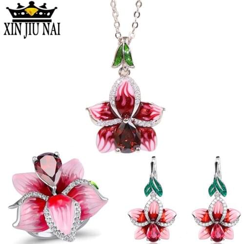 Fashion Jewelry 925 Sterling Silver Enamel Flower Jewelry Set Wedding Red Water Drop Crystal Engagement Gem Woman Ring Gift