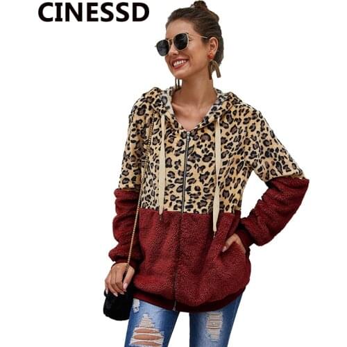CINESSD Women Fleece Coat Leopard Print Jackets Hooded Drawstring Long Sleeves Zipper Cardigan Casual Autumn Winter Pocket Coats