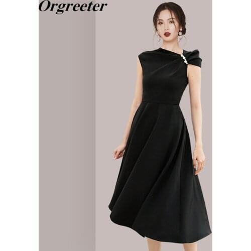 2021 Spring Fall New Black Dress Women High Quality Elegant Vestidos Twisted bow Pearl Beaded Dress Slim A-line Big Swing Dress