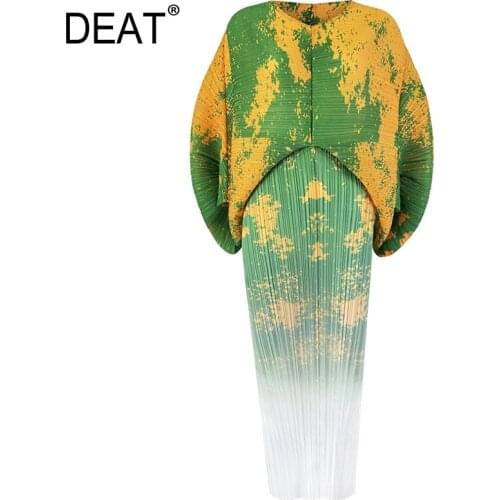DEAT Woman Pleated Dress Graffiti Print Slim Cloak Sleeve Long Length Elegant High Elastic Casual 2021 New Autumn Fashion HT909