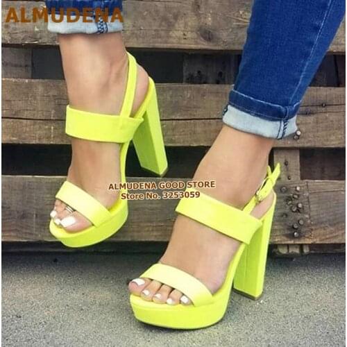 ALMUDENA Lime Yellow Red Leopard Chunky Heel Sandals Platform Slingback Dress Shoes Buckle Strap Banquet Pumps Dropship Footwear