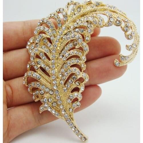 Free Shipping Pretty Peacock Feathers Gold-Tone Clear Rhinestone Crystal Brooch Pins