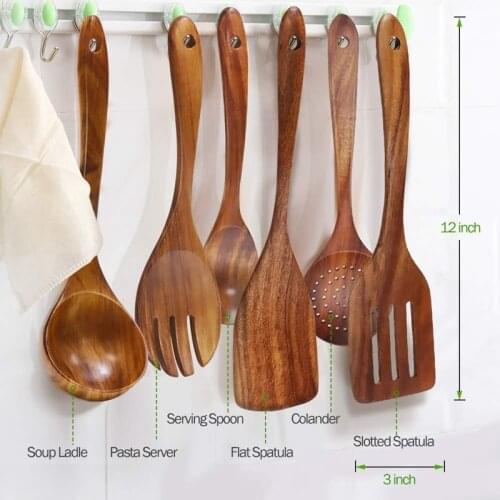 Wooden Utensils Set of 6, Large Kitchen Cooking Utensil for Non Stick Cookware, Natural Teak Wood Spoons Spatula Ladle Colander