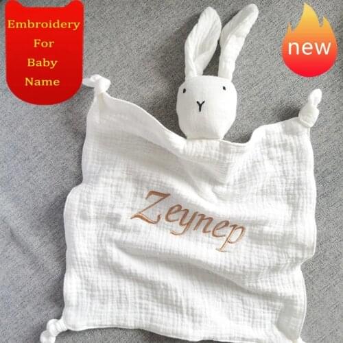 Name Embroided Kids Sleep Toy Soothe Appease Towel Bibs Custom Newborn Sleeping Dolls Baby Cotton Muslin Comforter Blanket